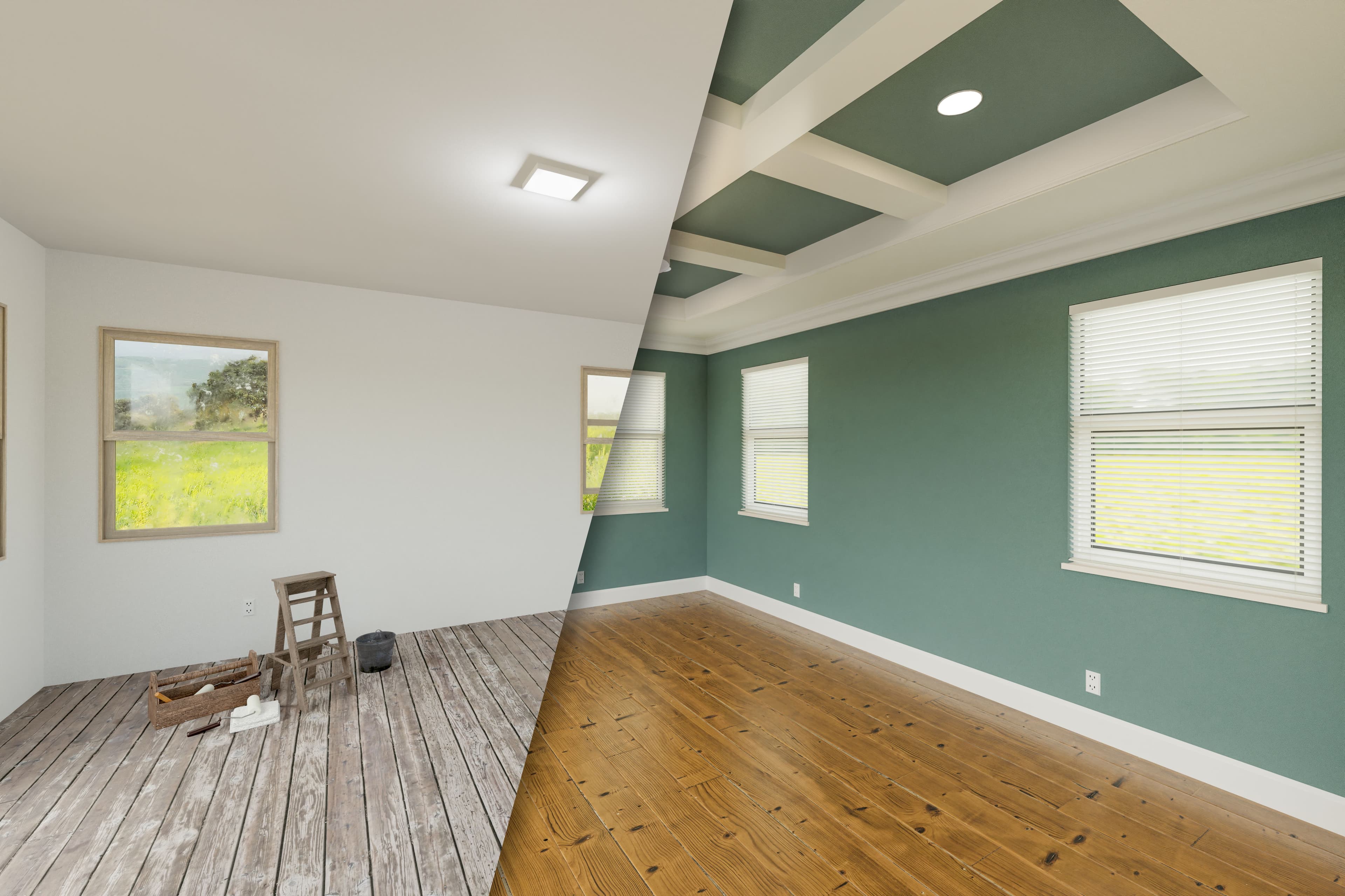 Muted teal before-and-after of a master bedroom showing the unfinished and completed renovation